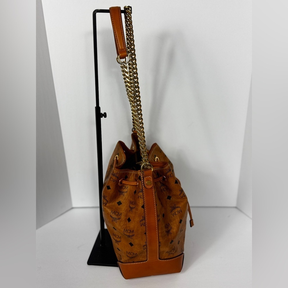 MCM Classic Cambas Tan Leather Bucket Bag with Gold Chain - Picture 7 of 16